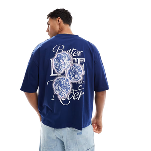 เสื้อยืดผ้าฝ้ายบ็อกซี่100% ลำลองสำหรับผู้ชายลายดอกไม้สีกรมท่าเสื้อยืดคอกลมลายดอกไม้สำหรับนายกเทศมนตรี - Product Image 1