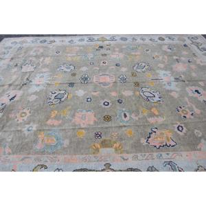 พรมวินเทจตุรกีขนาด 9.3x12.3 ฟุต พรมขนาดใหญ่ พรมขนสัตว์สีเทา-น้ำเงินลายแบบนามธรรม - Product Image 4