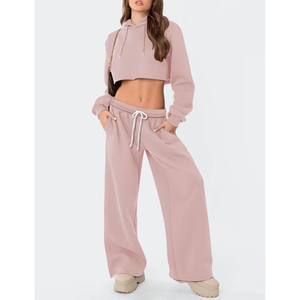 Sudadera con capucha corta de dos piezas personalizable de estilo de moda sostenible para mujer con pantalones acampanados holgados material de lana para mujer - Product Image 3