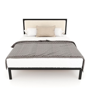 Lit double GN68039 au design japonais moderne avec cadre en fer et bois de caoutchouc massif, taille Queen, mobilier de chambre à coucher - Product Image 3