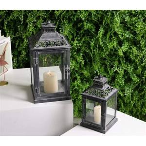 Lanternes décoratives à brosse grise antique Lanternes à bougies en métal d'intérieur et d'extérieur avec panneaux de verre et poignée Décoration de maison de mariage - Product Image 2