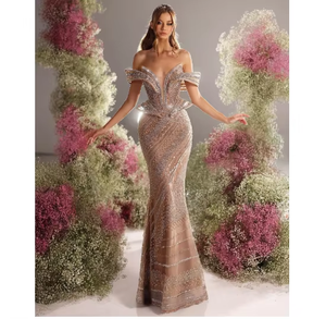 Robe de soirée sirène élégante et haut de gamme en tissu, longueur au sol, pour femmes, avec perles décoratives, soutien-gorge intégré pour un look époustouflant - Product Image 5