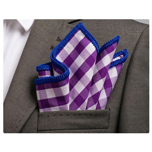 Handmade Knitted <b>Edge</b> Signature Border Pocket <b>Square</b> Purple Plaid with Blue <b>Edge</b> for Blazers-Dining Formal Wear - Product Image 1