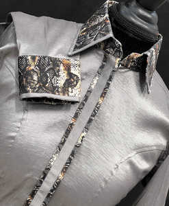 Camisa de espectáculo occidental de vaquera hecha a mano con acento de serpiente de carbón de tafetán elástico - Product Image 1