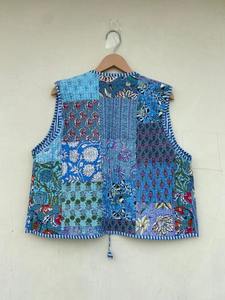 Gilet matelassé en patchwork 100% coton bleu, fait à la main, réversible, écologique, unisexe, veste kimono décontractée - Product Image 6