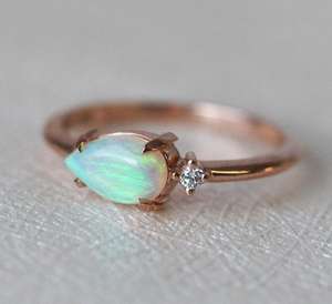 Anillo de compromiso de boda de plata de ley con banda minimalista, Ópalo etíope Natural, corte de pera, conjunto de puntas de piedra, chapado en oro rosa, clásico - Product Image 3