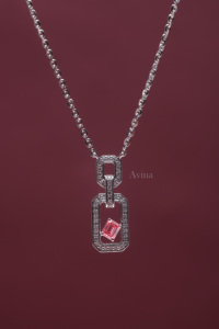 IGI Certified Lab Grown Diamond Emerald Cut Pink <b>Ruby</b> Open Link Pendant <b>Necklace</b> in 18K White Gold Geometric Designer <b>Necklace</b> - Product Image 5