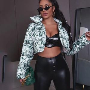 Blouson aviateur d'hiver pour femme à manches longues Zip Puffer Polyester rempli coupe-vent épais tissu à mémoire tissé court - Product Image 2