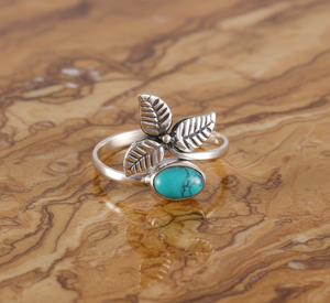 Anillo Fino de Plata de Ley 925 Oxidada para Mujer, Hecho a Mano, con Engaste Clásico de Bisel, Diseño de Hoja con Turquesa, para Bodas y Fiestas - Product Image 5