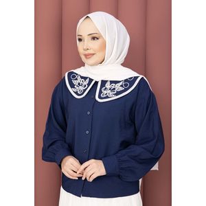 ชุดเสื้อชีฟองปักลายสีน้ำเงินกรมท่า พร้อมกระโปรงและกางเกง สำหรับสุภาพสตรี คอลเลคชั่นใหม่ สไตล์ลำลอง-ทางการ ผ้าทอ ไซส์ XL - Product Image 2