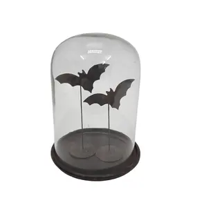 Mais novo design de cúpula de vidro com base de ferro 2 morcegos em suporte rústico antigo Halloween artesanato de mesa homem navio decoração