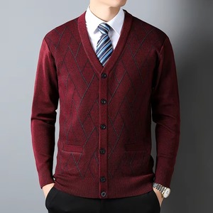 CY Wholesale Soft <b>Cotton</b> Blue Knit Jacquard Checked Jacquard Pattern Men Cardigan Sweater Hot Sale - Product Image 2