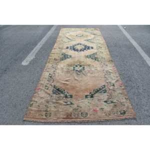 4ft วินเทจ7in x 12ft พรม9in ตุรกีทอสีเบจสีเขียวแบนลายปะต่อแบบคลาสสิกยางขนสัตว์สำหรับตกแต่งห้องนั่งเล่น - Product Image 1