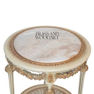 Table d'appoint ronde de luxe à deux niveaux avec plateau en marbre et accents dorés ornés, cadre en bois blanc antique pour une décoration intérieure classique - Product Image 4