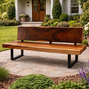 Banco de Madera Maciza de Suar / Monkey Pod con Respaldo y Patas de Metal, Hecho a Mano, Muebles Modernos de Estilo Industrial para Sala de Estar, Mejor Precio - Product Image 1