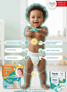 Pañales Desechables PERLA de Alta Calidad, Talla XXL, Económicos, Anti-Fugas, Superficie Seca Impresa, Pulpa de Celulosa, Inspirados en Bebés, Muestras Disponibles - Product Image 1