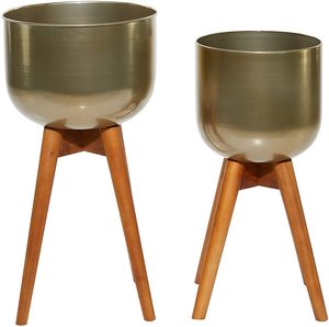 Ensemble de 2 jardinières en métal avec BASE en bois VASE de fleurs en métal doré décoration à utiliser comme décoration de maison et de mariage - Product Image 1