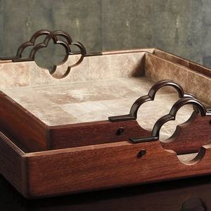 Plateau de service en bois artisanal avec poignées de tiroir décoratives, plateau rectangulaire pour table basse, salle à manger, décoration de la maison - Product Image 4