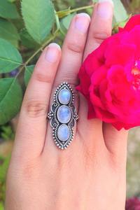 Luxury Sterling Silver Triple Moonstone Bezel Set Wedding <b>Ring</b> Long <b>Statement</b> Design June Birthstone <b>for</b> <b>Women</b> - Product Image 6