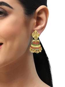 Pendientes Jhumka de Alta Calidad, Chapados en Oro, con Cristales y Diamantes de Imitación, Estilo Étnico Tradicional del Sur de la India, Set de Joyería para Novia - Product Image 3