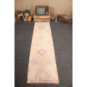 พรมวินเทจตุรกี ขนาดเล็ก 2.8x10.5 ฟุต (86x321 ซม.) พรมลายเรขาคณิตสีเบจ - Product Image 1