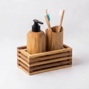 Mango Wood Bathroom Set Three Piece Rectangular Minimalist Eco Friendly <b>Toothbrush</b> <b>Holder</b> Soap Dispenser Organizer - Product Image 1