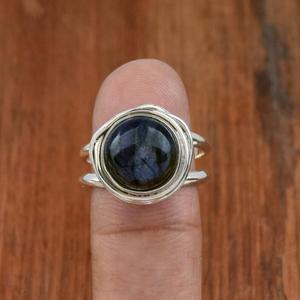 Anillo de doble banda de labradorita azul Natural, envoltura de alambre hecha a mano de Plata de Ley 925, joyería de declaración Bohemia - Product Image 1