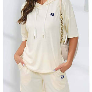 Ensemble de survêtement à capuche et short pour femme, 100% coton molletonné, séchage rapide, emballage personnalisé, deux pièces, vêtements de sport pour le fitness - Product Image 5