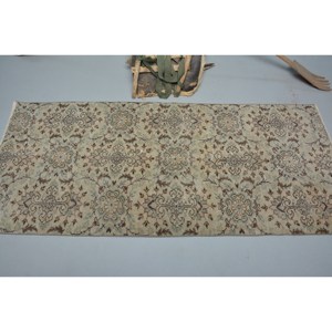 Vintage Turkish Rug Beige Brown 3.1x6.8ft Handmade Wool Large Area Patchwork Design Rectangular Hallway Pattern Latex for Rooms - Product Image 3