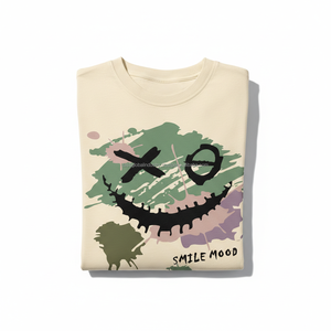 Camiseta gráfica SMILE MOOD con diseño de cara sonriente estilo grunge, beige, oversize, streetwear, de algodón, con logo personalizado OEM - Product Image 6