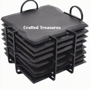 Juego de posavasos de mármol de café para bebidas negras cuadradas redondas de fábrica de 8 posavasos de pizarra a granel con soporte de Metal - Product Image 6