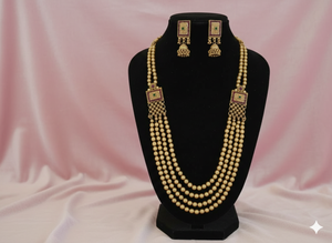 Magnifique ensemble de collier long à 4 rangs, ethnique, perlé, style antique, avec un fini doré brillant, idéal pour les soirées - Product Image 5