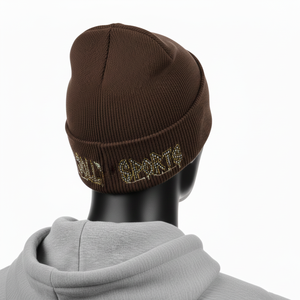 Bonnet en tricot jacquard de style urbain avec logo en strass personnalisé en transfert thermique, en acrylique extensible de qualité supérieure 250 GSM, ton brun - Product Image 3