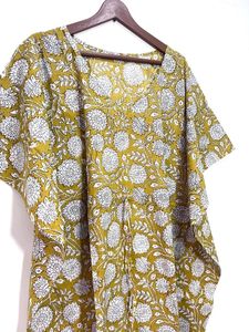 Bloque de mano estampado Floral Kaftan Casual hasta el suelo ropa de dormir vestido 100% algodón Natural verano vacaciones Bikini vestido para mujer - Product Image 2