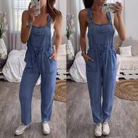 Adjustable Waist Tie Straps Cropped Wide Leg <strong>Denim</strong> <strong>Jumpsuit</strong> for <strong>Women</strong> Casual Party Sexy Eco-Friendly Custom Logo