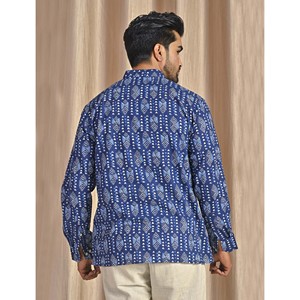 Kurta court en coton popeline bleu imprimé pour homme, chemise décontractée à manches longues, respirante et confortable - Product Image 6