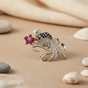 Broche oiseau en argent avec motif de fleur en zircon, bijoux en métal plaqué argent pour femme, cadeau AGPA-22728 - Product Image 1