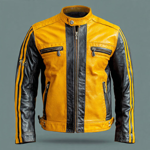 Veste de motard en cuir pour homme, col montant, fermeture éclair, vestes de motard, veste de course en cuir blanc et rouge pour homme - Product Image 5