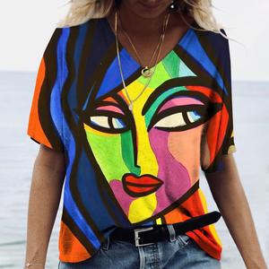 Camiseta de mujer Arte abstracto Impresión DE CARA Ropa de niñas 3D de gran tamaño Clásico de manga corta Tops Moda femenina Casual 2025 - Product Image 1