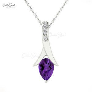 Collier pendentif classique en or massif 14 carats avec améthyste naturelle taille poire 6x4mm et accents de diamants, bijoux en gros pour femmes - Product Image 2