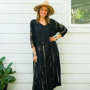 Holiday Wear Tie Dye Long Sleeves Bohemian Maxi Dresses For Women Gypsy Chic V-Neck Long Sleeves Loose Fitting Comfortable Dress