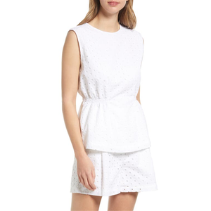 Top da donna taglia XL bianco con occhielli e vita arricciata, in popeline casual con ricami in pizzo, ideale per primavera/estate e ufficio - Product Image 1