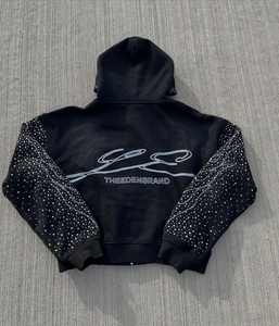 OEM Custom Acid Wash Rhinestone Jogger Sweatsuit Cropped Distressed Embroidery Patch Flare Sweatpants and Hoodie Tracksuit Set - Product Image 4