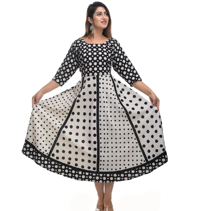Beautiful Dot Printed Design Long Dress with Printed Sleeves in Cotton Fabric and Black White Color for Women and Girls