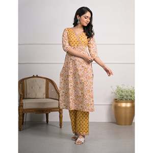 Ensemble de 2 pantalons en coton imprimé jaune crème, style Salwar Kameez - Product Image 3