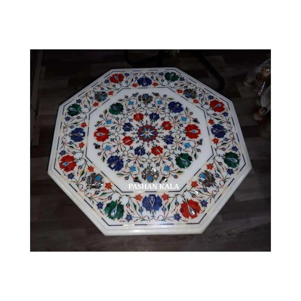 Counter Top For Sale Beautiful Pure White Marble Octagonal Shape Inlay Table Top High Quality Feature For Home And Hotels