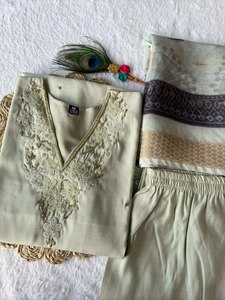 Luz Pista Color Premium seda romana bordado a mano cuello en V tamaño libre boda y fiesta especial tradicional Kurti conjunto para la venta - Product Image 6