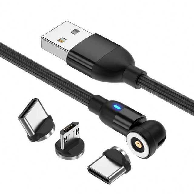 540 Degrees Rotation Design Type C 5A Fast Charge Magnetic One-line Three-head Data Cable