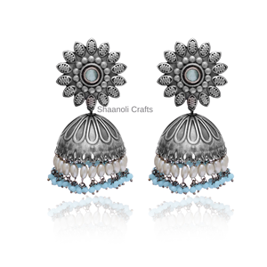 Boucles d'oreilles indiennes antiques plaquées argent Jhumka bijoux grande taille pour femmes - Product Image 4