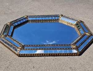 Luxury Hollywood Regency Octagonal <b>Mirror</b> with Brass Floral Accent - Product Image 3